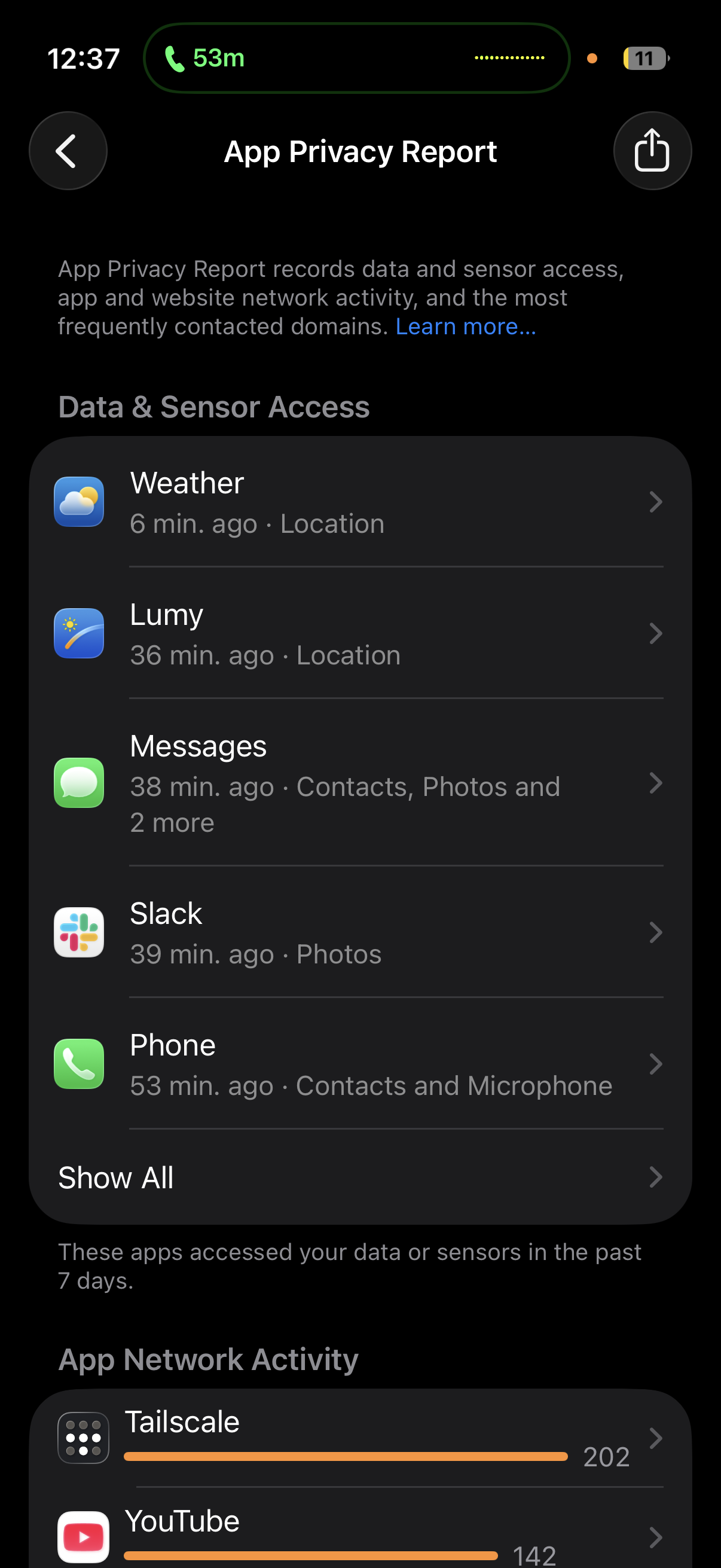 The App Privacy Report showing Data & Sensor Access and App Network Activity