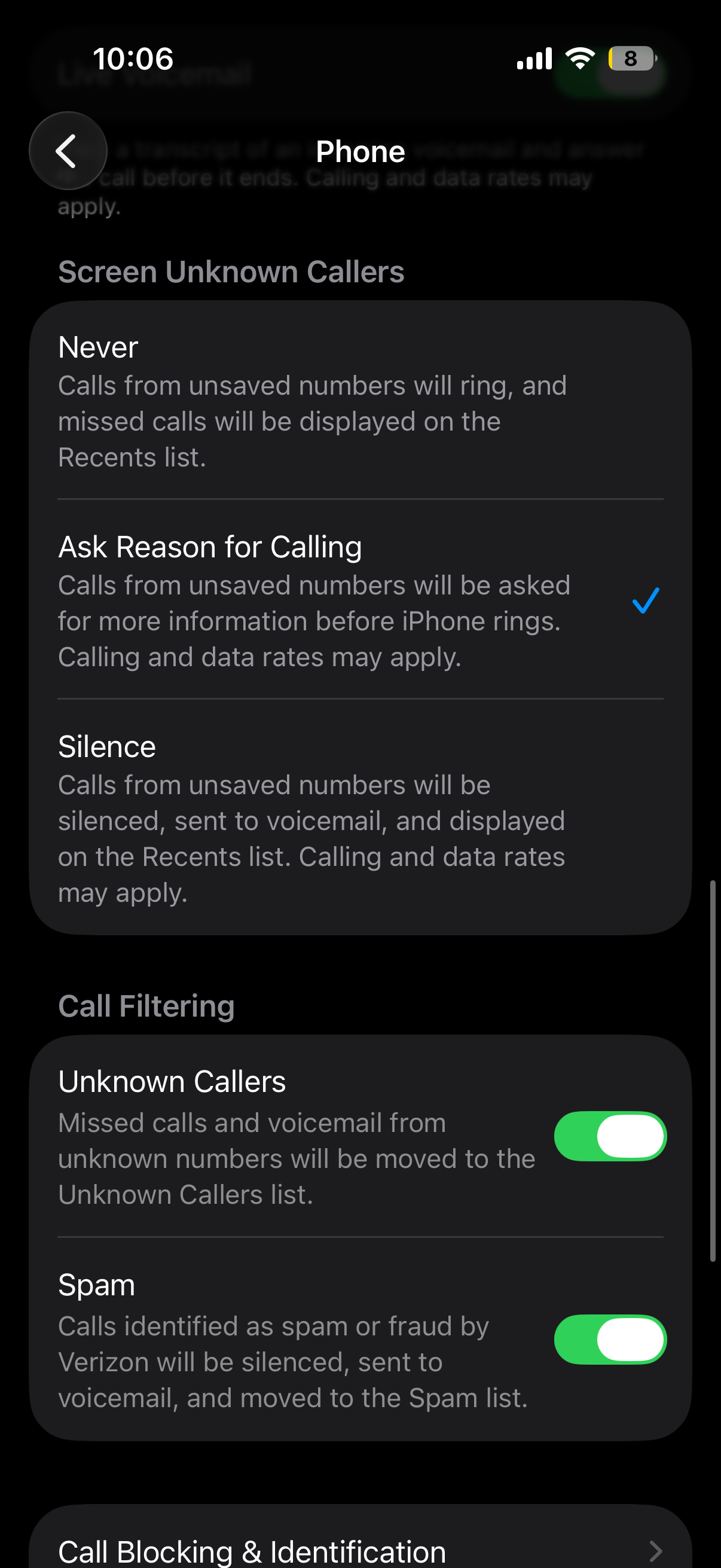 Phone settings showing Screen Unknown Callers with the Never, Ask Reason for Calling, and Silence options in light mode
