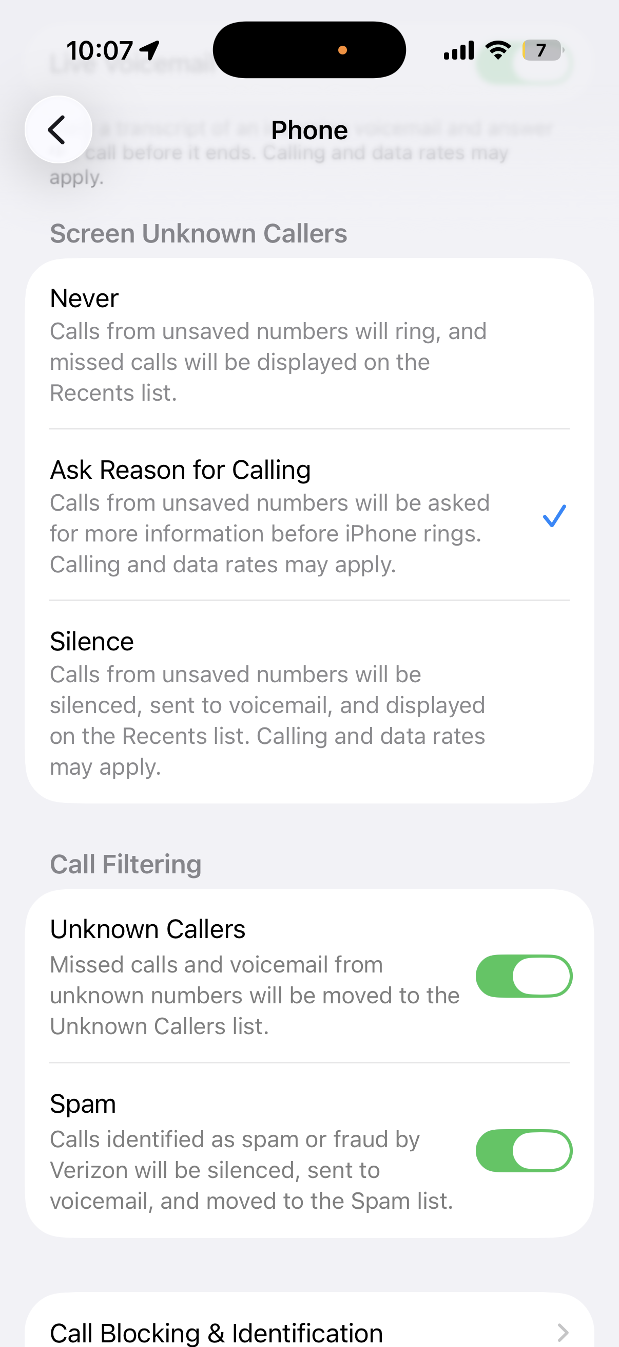 The same Phone settings page shown in dark mode