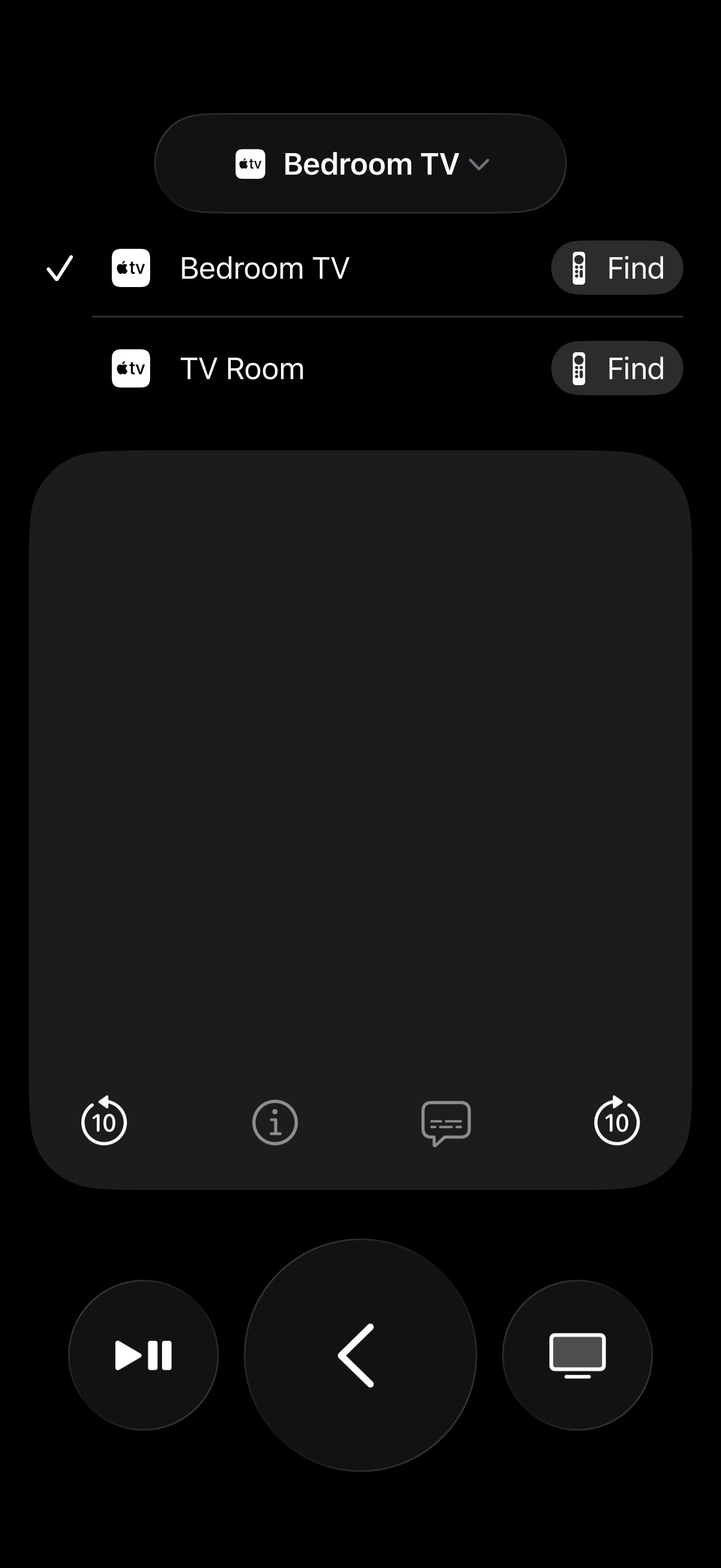 Apple TV Remote device picker showing Apple TVs with Find buttons