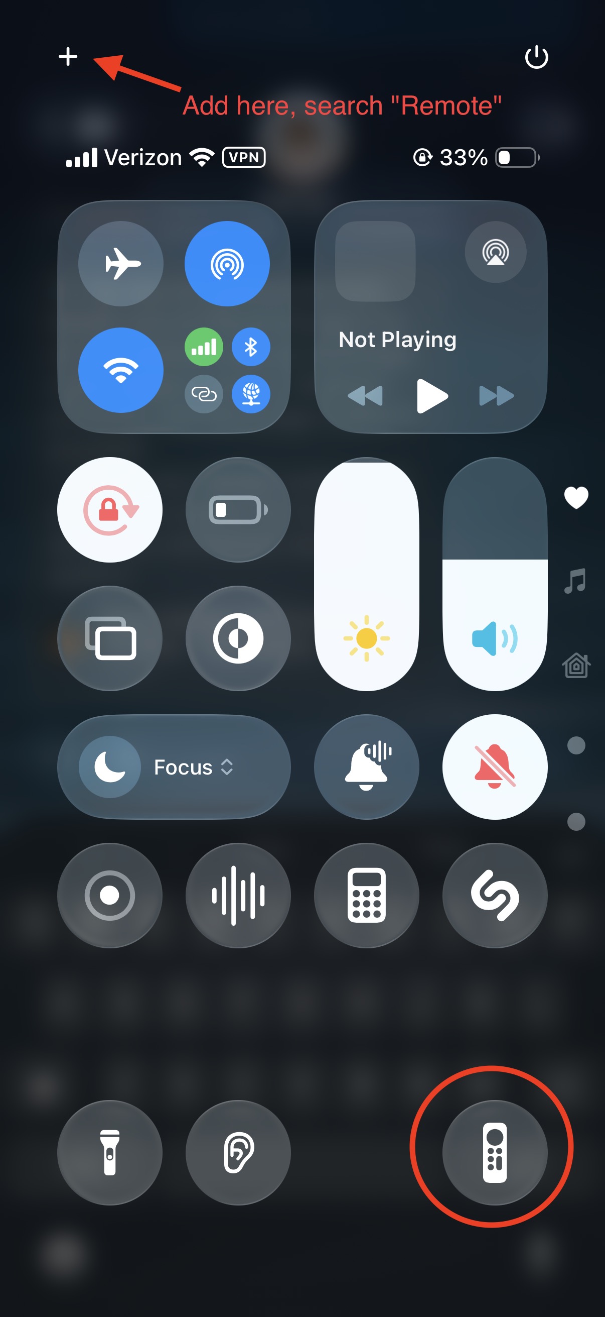 iOS Control Center with Apple TV Remote button circled and instructions to add it