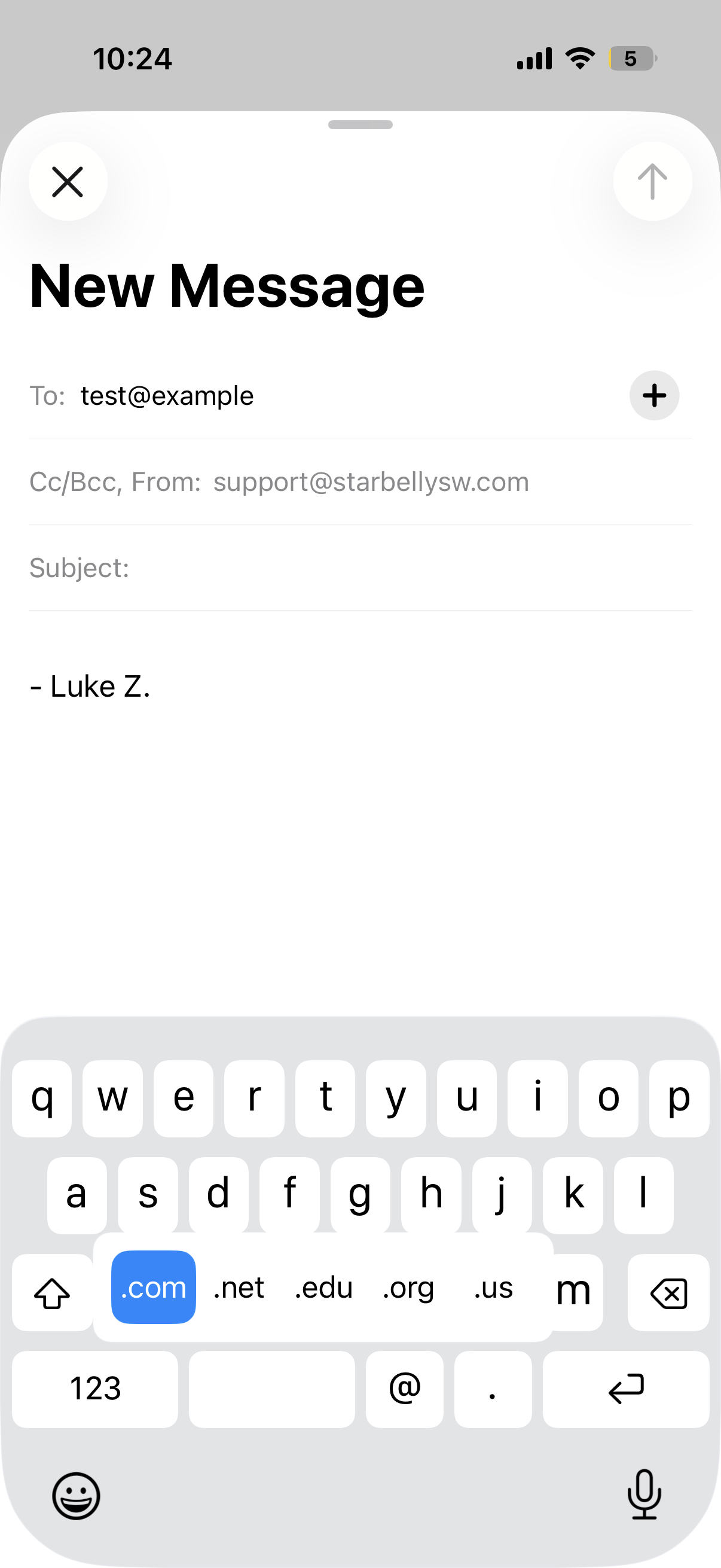 iOS keyboard with the period key held — popover of TLDs (light mode)