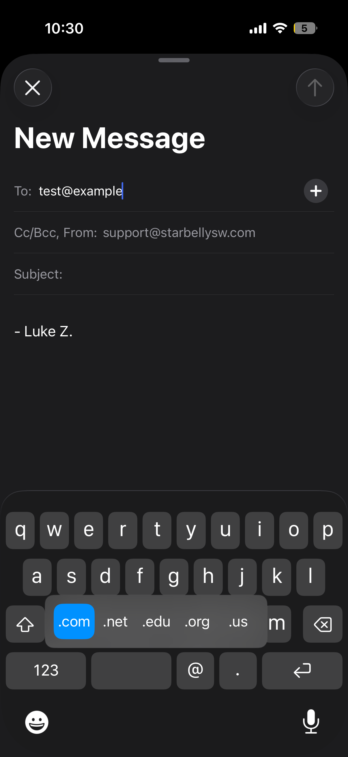 iOS keyboard with the period key held — popover of TLDs (dark mode)