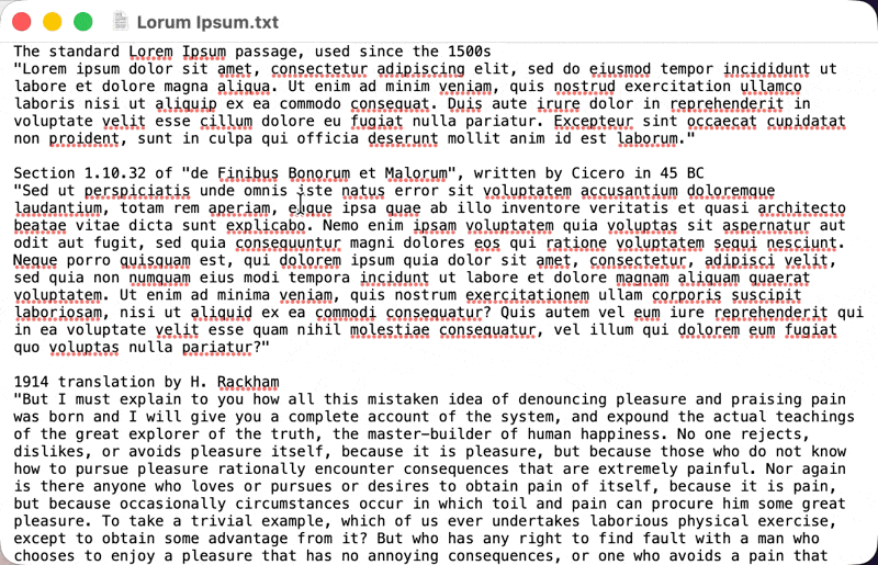 Screenshot of TextEdit on macOS showing a rectangular block selection spanning multiple lines, with crosshair cursor visible
