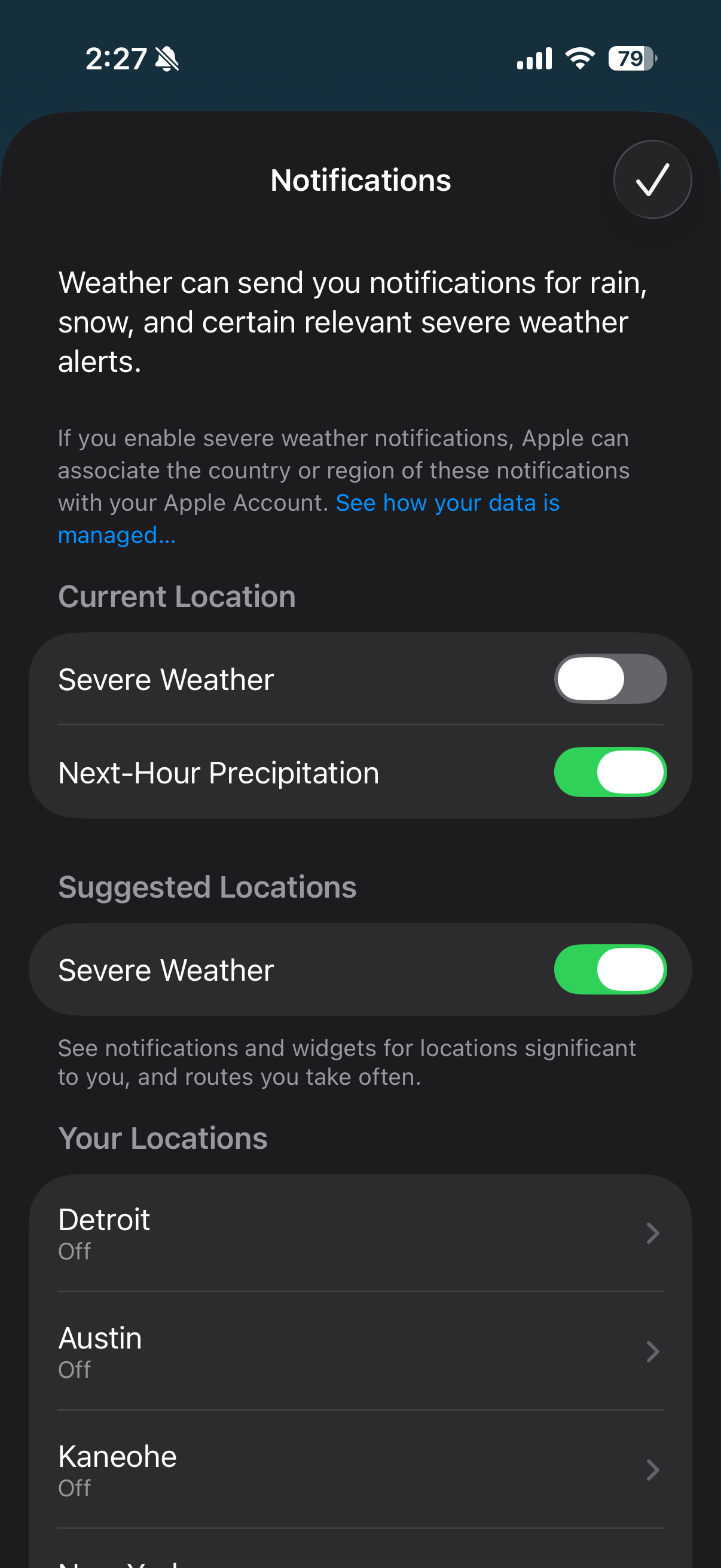 Notifications settings with Next-Hour Precipitation enabled
