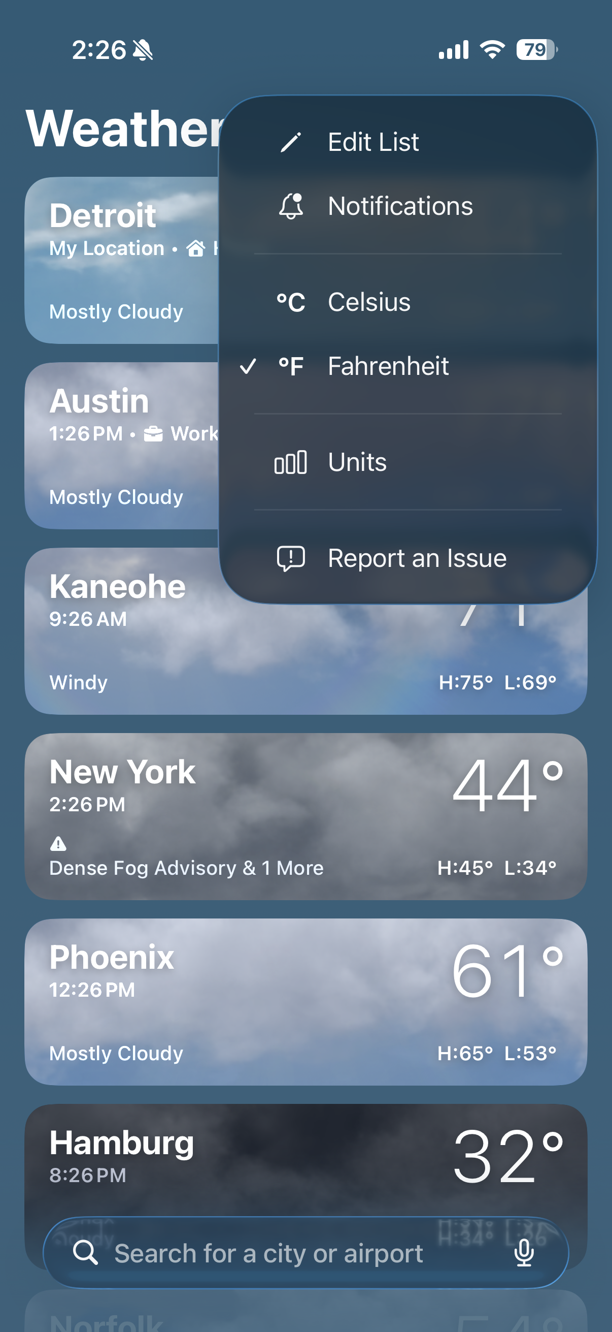 Weather app menu showing the Notifications option