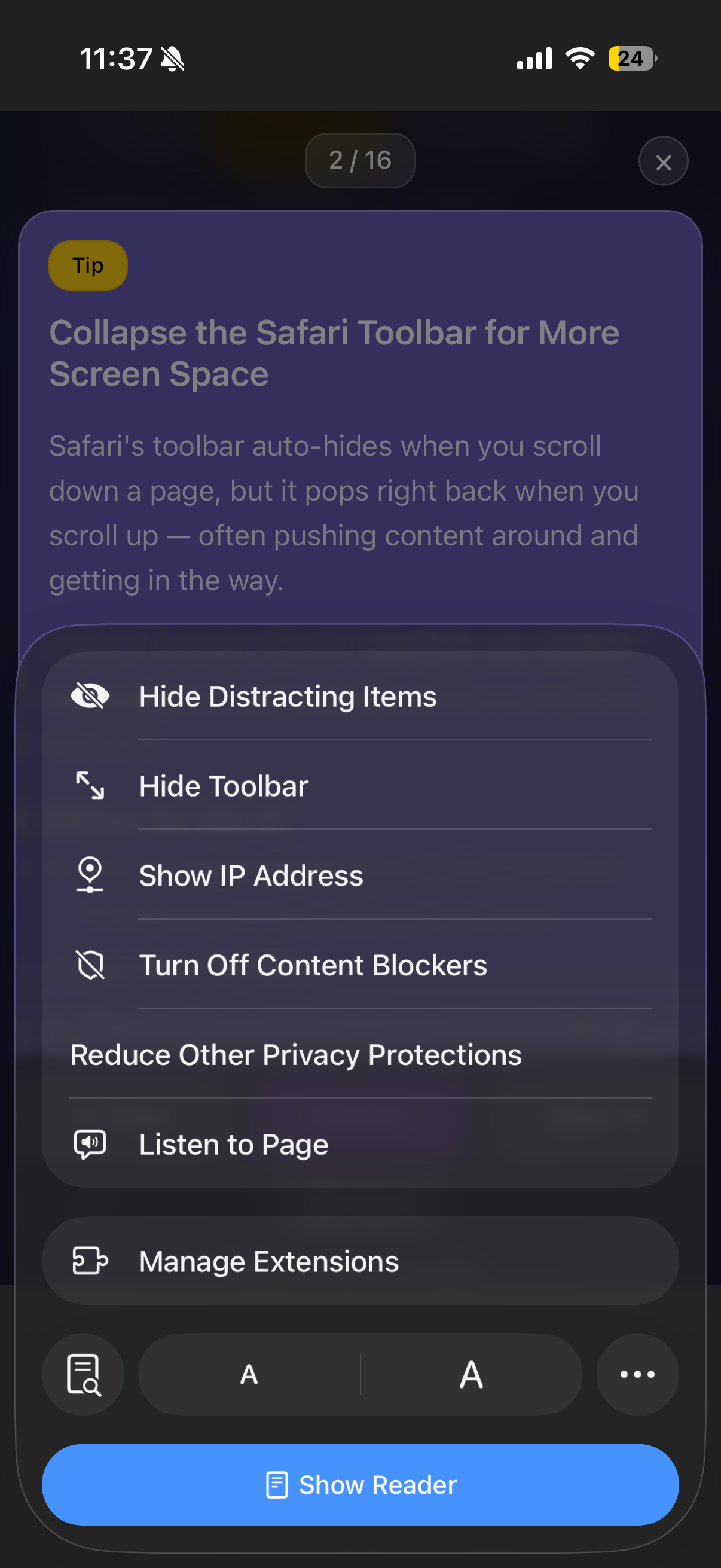 The Safari page menu showing the Hide Toolbar option