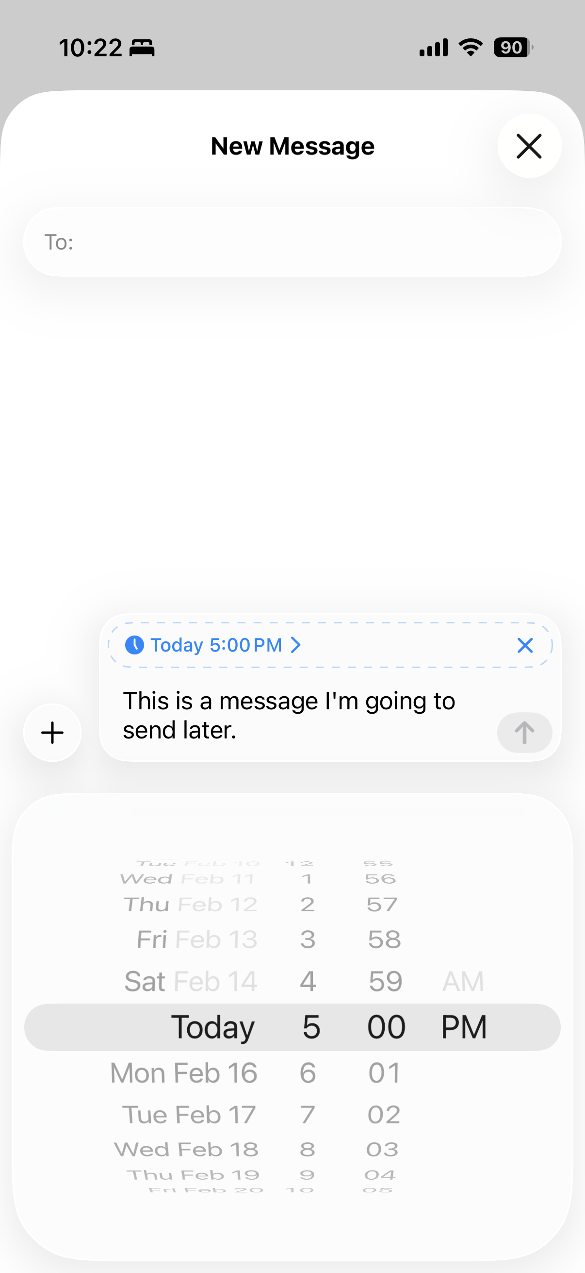 A scheduled message with the dashed outline and date/time picker